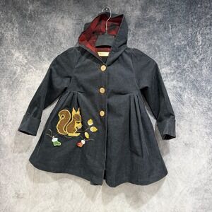 Maria Elena Girls Size 5 Black Corduroy Hooded Coat Squirrel Embroidered Plaid